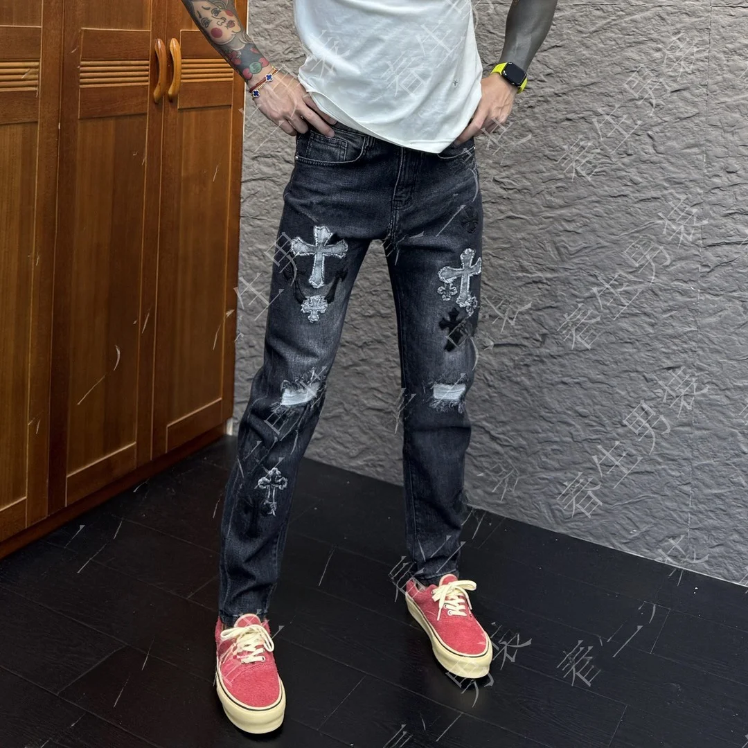 

Мужские джинсы прямого кроя в американском ретро-стиле с вышивкой и рваными элементами, осенняя модная коллекция, деним с эффектом потертости
