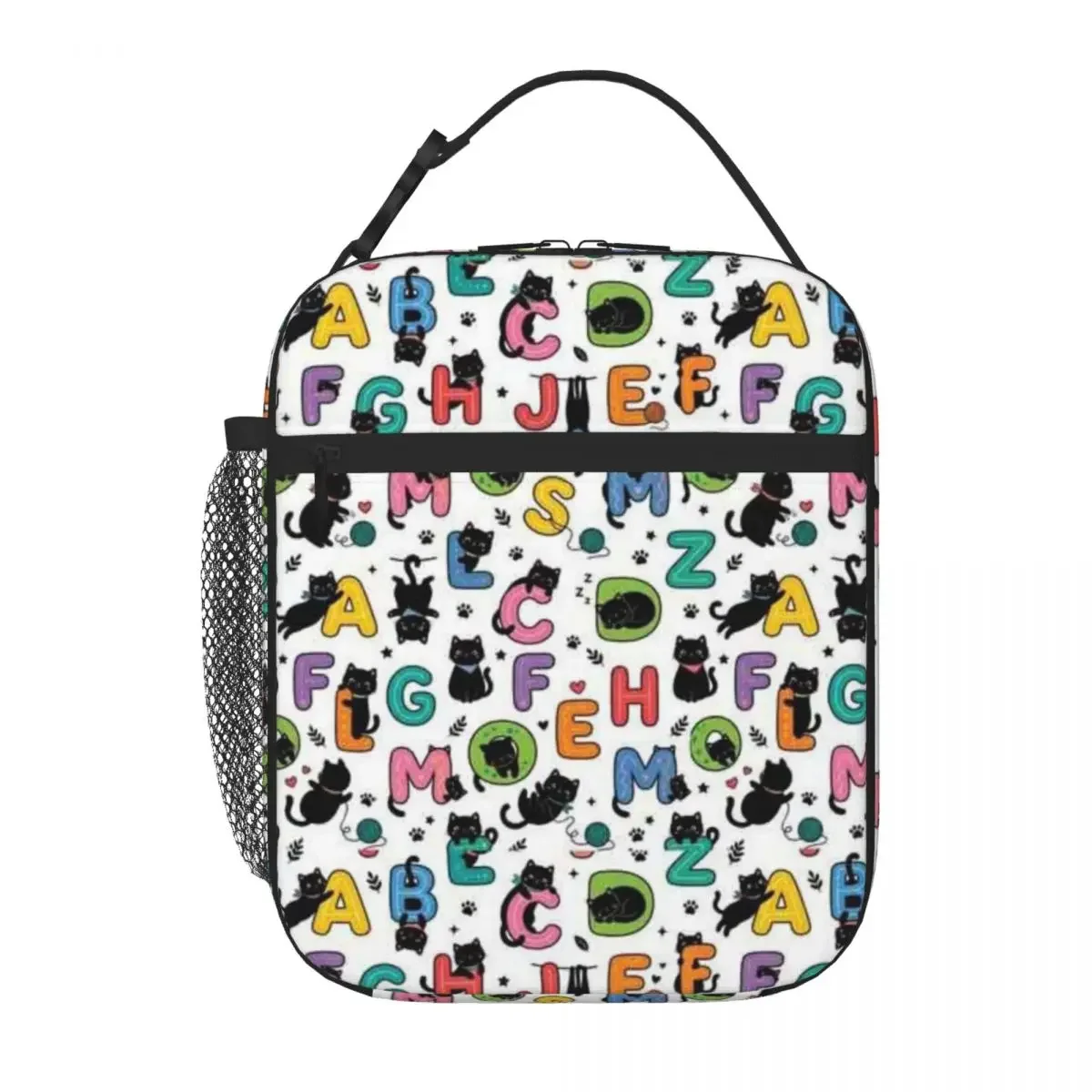 Bestselling Cute Cats Hanging From Letters Pattern Playful Alphabet Design Style Reusable Lunch Bag High School Travel Lunch Bag
