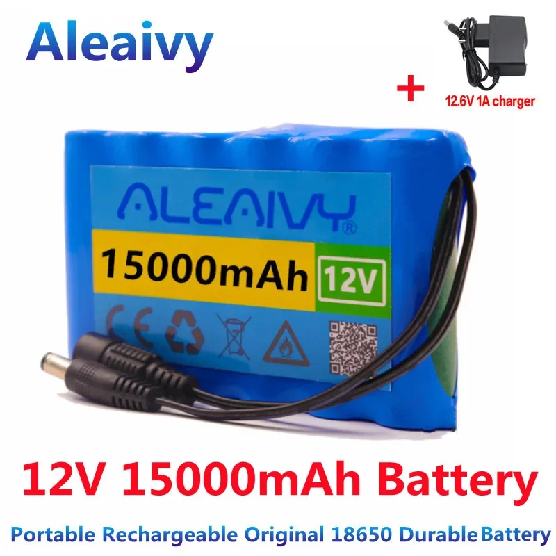 Batería recargable con cargador, pila de litio de 12V, 15000mah, 18650 capacidad, DC 12,6 V, 15Ah, Monitor de cámara CCTV