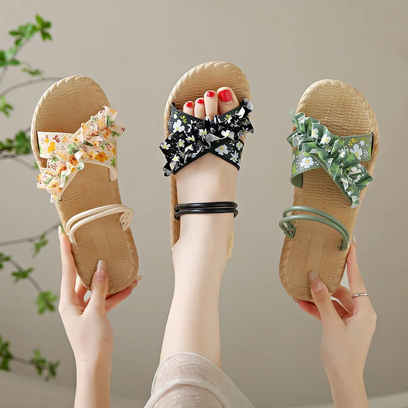 

Boho Women Flip Flops Floral Strap Sandals Summer Straw Beach flowers Slippers Non Slip Casual Outdoor Fashion Vacation Shoes