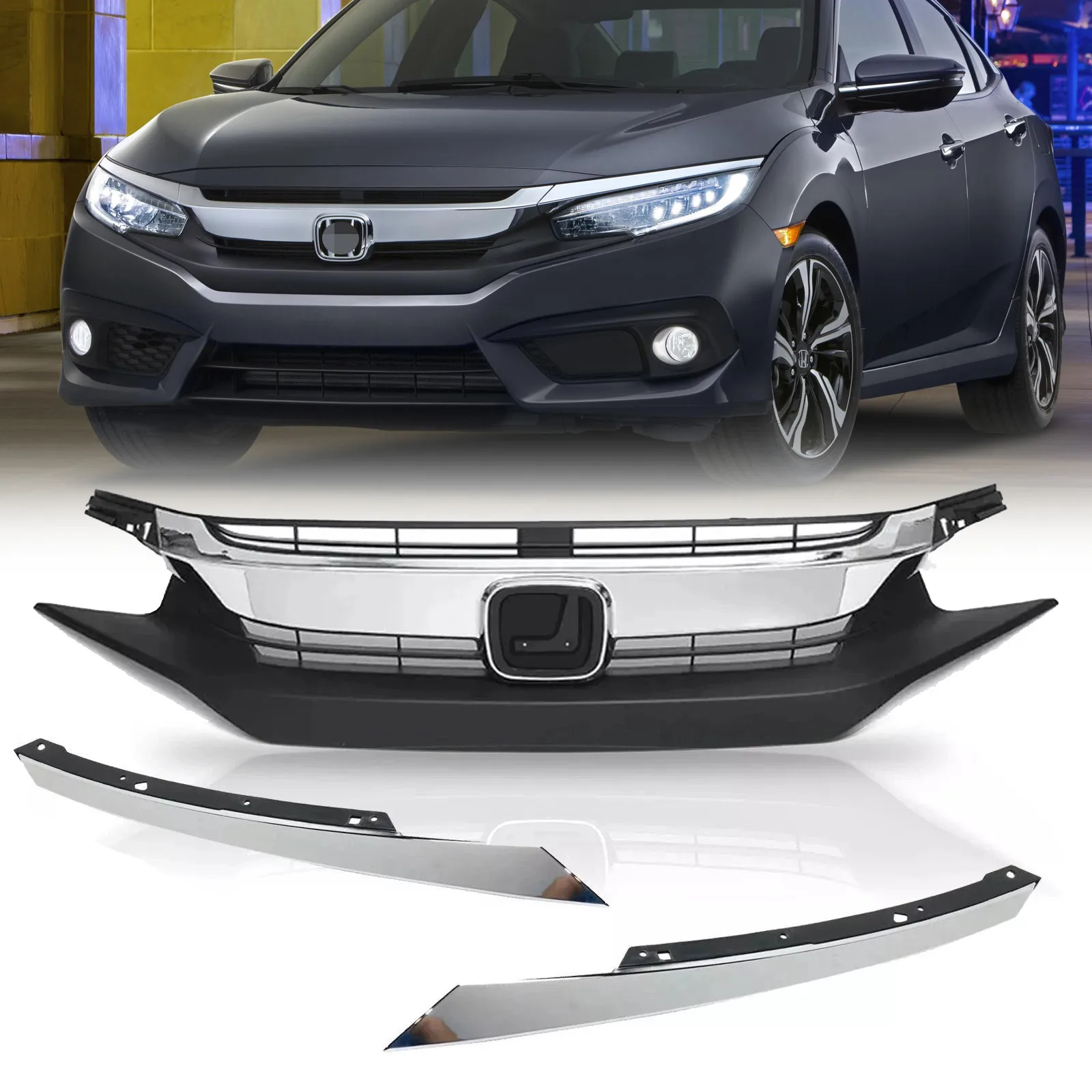 

Fit 2016 2017 2018 Honda Civic Front Upper Grille Grill W/Chrome Eyelid Molding