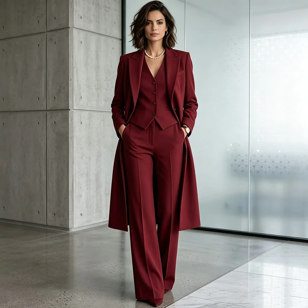 Elegant Red Women's Red Blazer Suits 3 Piece Set Elegant Evening Party Office Modern Wear Long Coat+Vest+Pants Female Suit