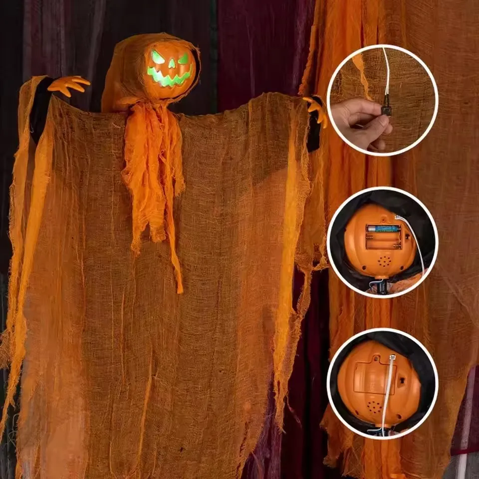 

1PC Halloween Pumpkin Party Decoration Hanging Head Green Light Rotating Pumpkin Glowing Sound Hanging Prop Courtyard