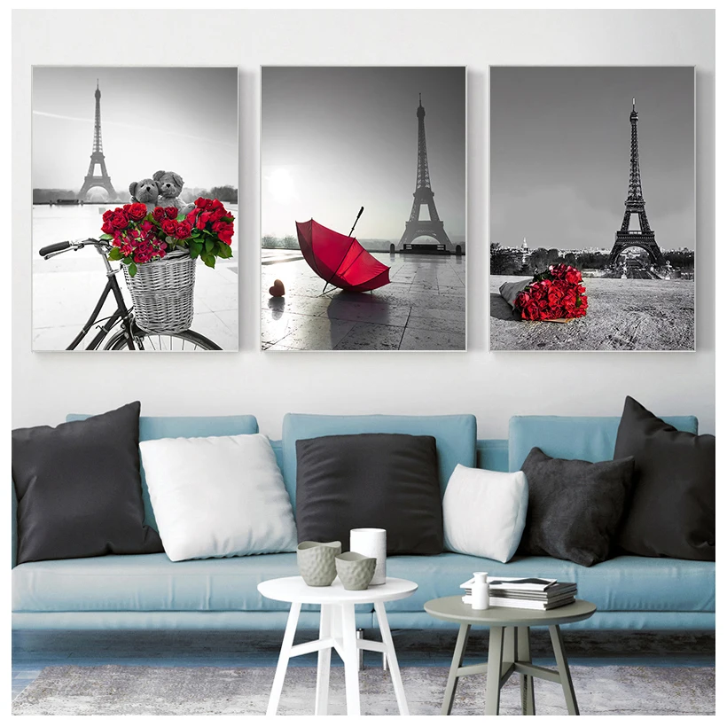 Paris Red Rose Umbrella Canvas Painting Artistic Conception Landscape Posters Prints  Nordic Wall Picture Home Decoration