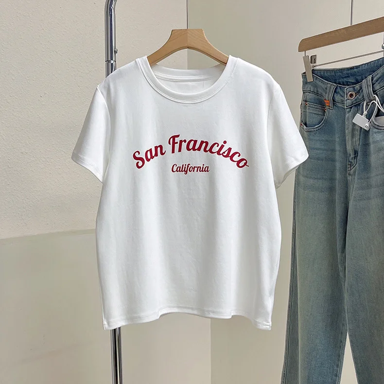 

Simple Pure Cotton Casual Loose Letter-printed Round-neck T-shirt, Short-sleeved, New Summer White Slimming Top