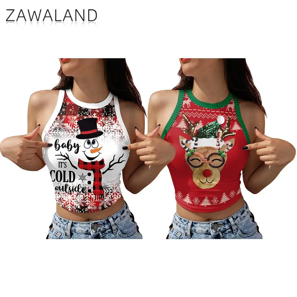 Zawaland Sexy Y2k Gilet Donna Abbigliamento Cartoon Simpatico Pupazzo di neve alce Stampato Crop Top Vacanza di Natale Senza maniche Canotte Streetwear