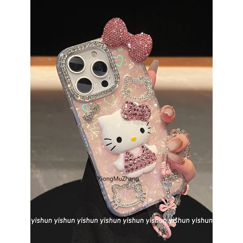 

Sanrio Hello Kitty for IPhone15 Case Cartoon Pink Diamond Bow for IPhone 16 Pro Max 14 12 13 Anti Slip Protective Case Girl Gift