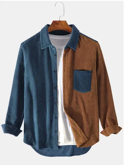 

2023 Autumn Cargo Corduroy Men Long Sleeve Casual Patchwork Button Men's Shirts High Quality Overshirt Blouses Male Clothing