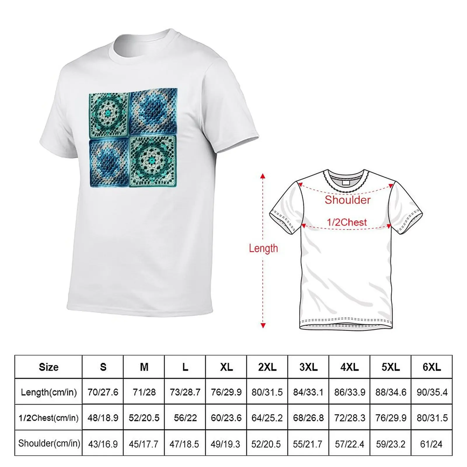 Blue and Green Vintage Granny Crochet Aesthetic Pattern T-Shirt anime clothes luxury t-shirt Men's t shirts