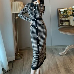 Spring Autumn New Slim Knitting Midi Dress Women High Street Long Sleeve Button Dresses Elegant Plaid Printing Chic Vestidos