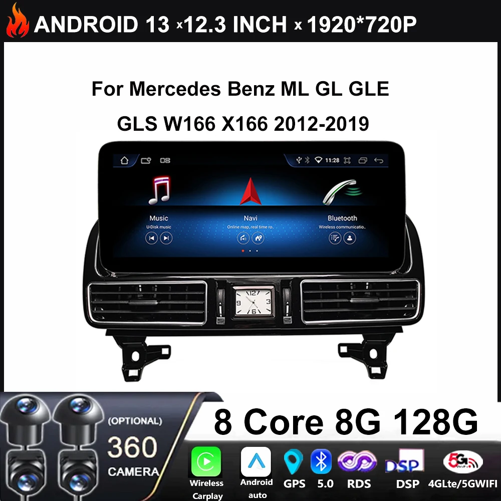 

12.3” Android 13 For Mercedes Benz ML GL GLE GLS W166 X166 2012-2019 Car Raido Stereo Multimedia Video Player Auto GPS 4G Lte