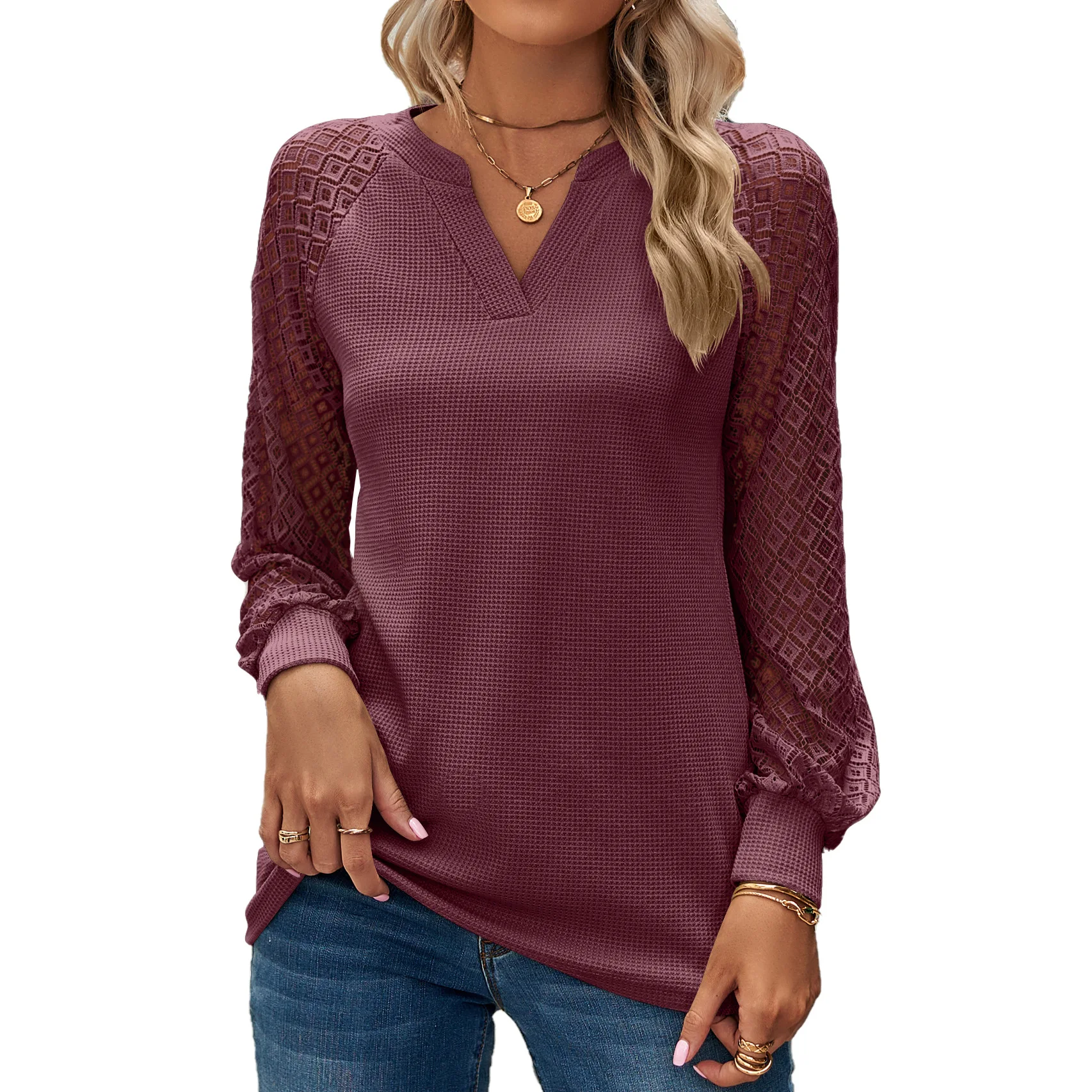 Spring Autumn Pullover V-neck Lace Waffle Patched Long Sleeved V-neck T-shirt Loose Western Style Casual Bottom Female Top