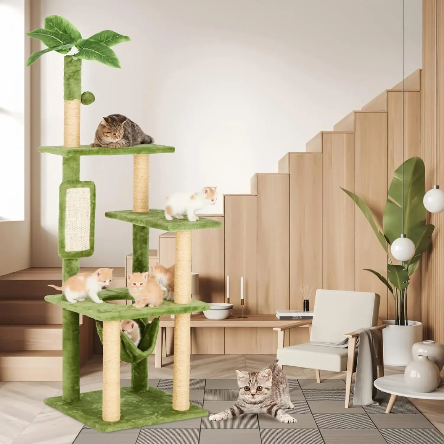 55-inch indoor green leaf cat tree multi-story large cat tower indoor cat belt hammock plush cat house toy green