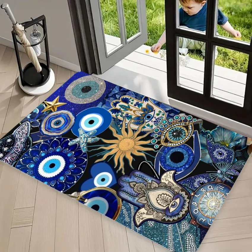 Evil Eye Hamsa Hand Lucky Area Rug Carpet, Non Slip Floor Mat Washable Welcome Rug for Front Door Entryway Blessing Home Decor
