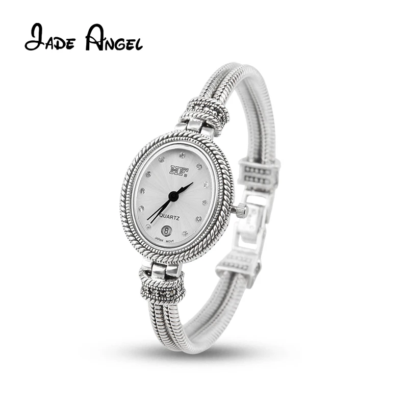 Jade Angel Women\'s Watch 925 Sterling Silver Thailand Vintage Style Ellipse Japan Movement Quartz Ladies Wristwatch Fine Jewelry