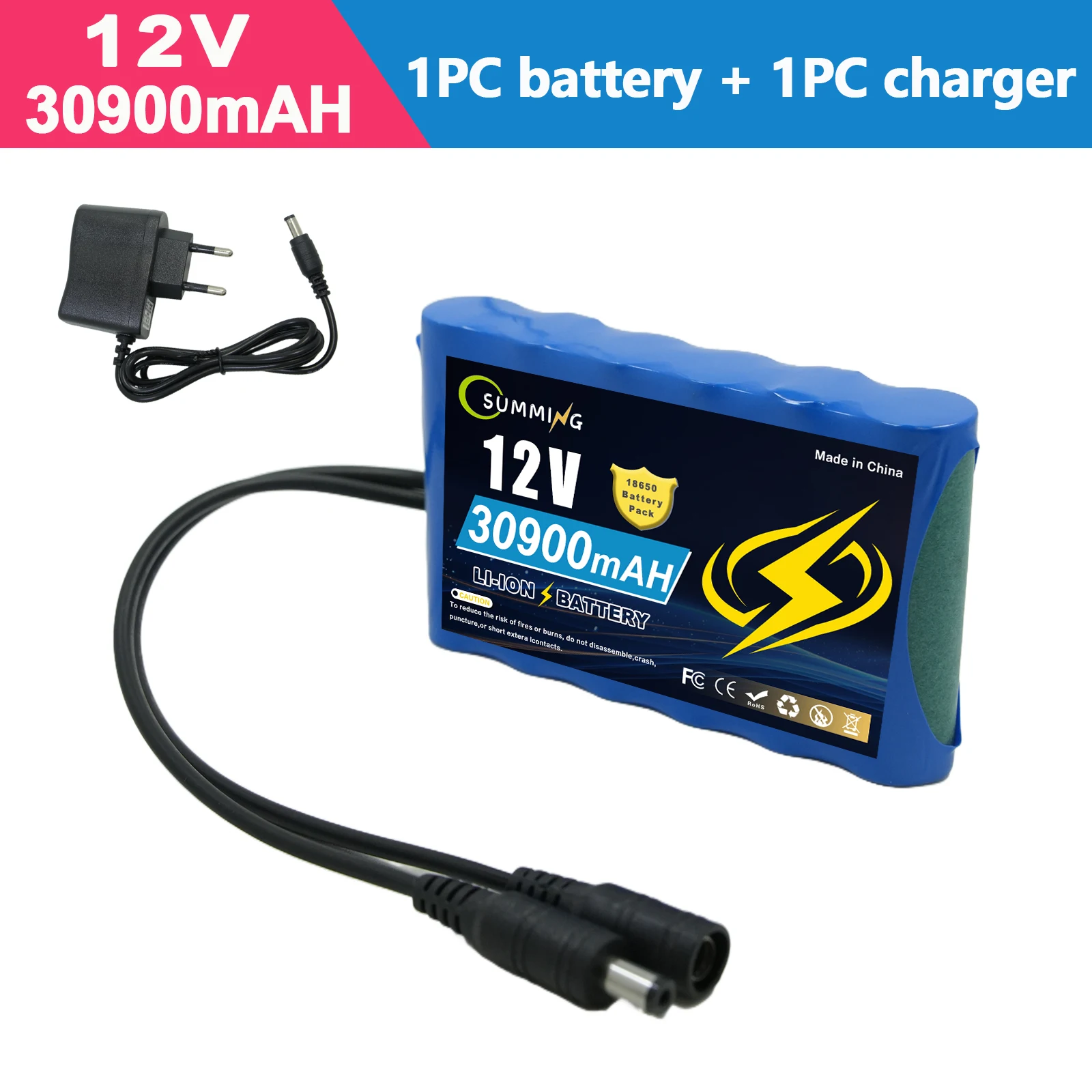 

12V 30900mah Rechargeable Battery Pack Lithium Ion DCBattery For LED Lamp Light Backup Powe Etc,CCTV Cam Monitor+Charger