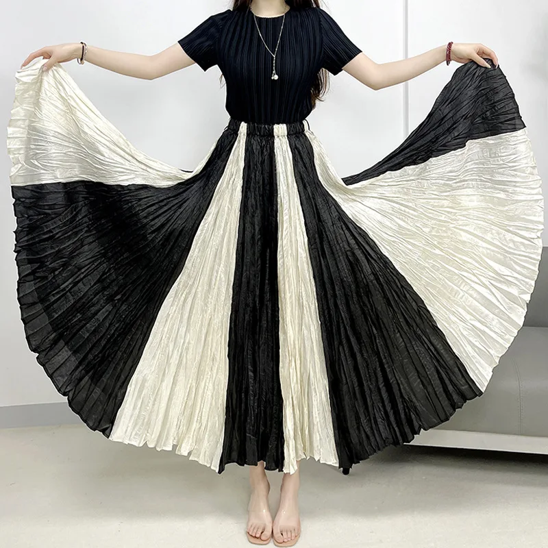 MIYAKE-Hand-Pleated Messy Pleated Skirt for Women, Color-Block, Large Hem, Loose, Elastic, Large Size, Dancing, New Style