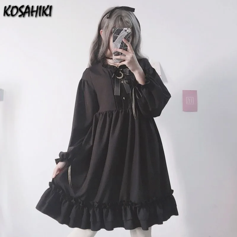 KOSAHIKI Lantern Sleeve High Waist Student Lolita Dresses Harajuku Ruffled Femme Robe Solid Bowknot 2024 Spring Women Vestidos