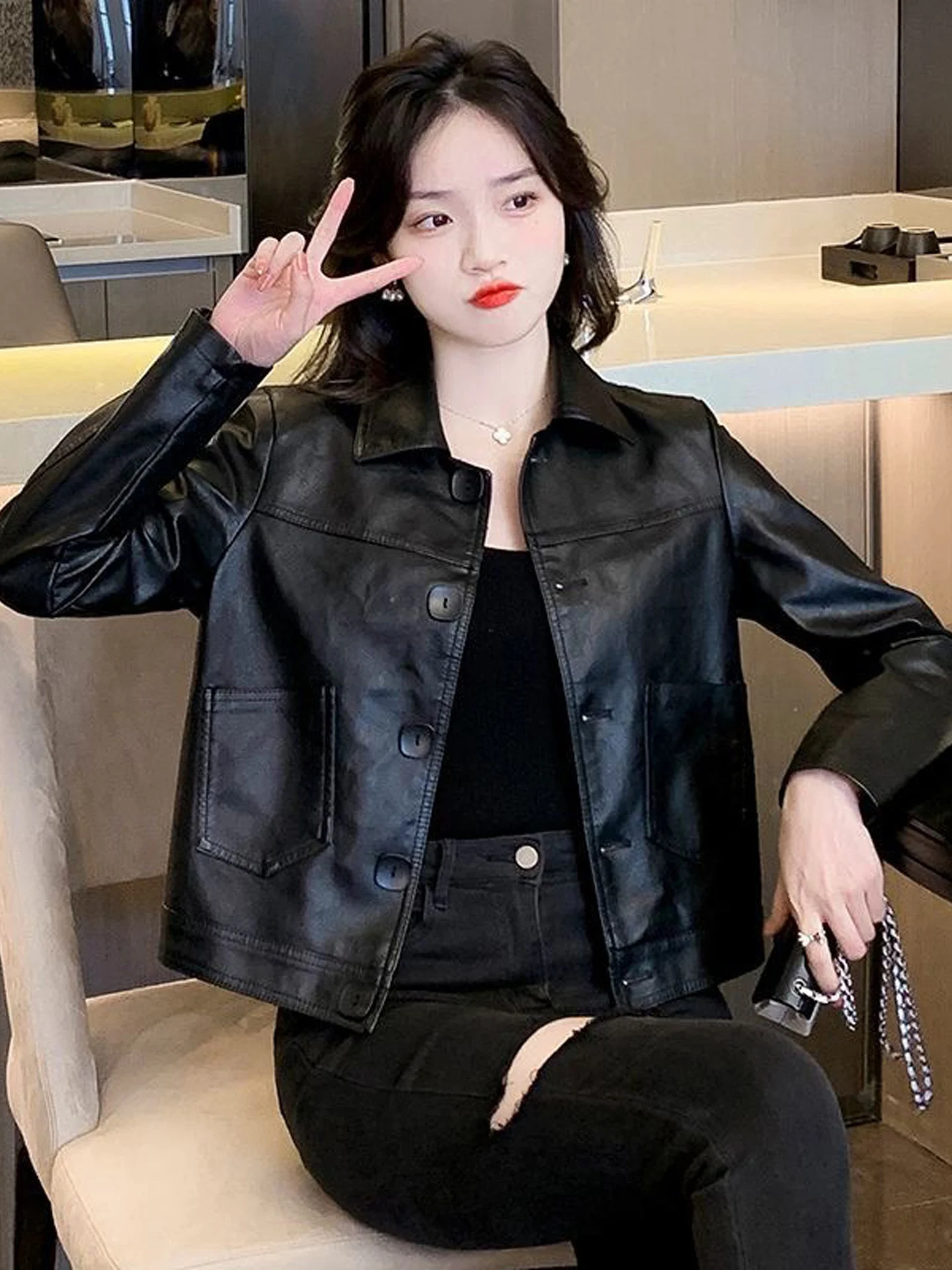 Korean Style Short PU Leather Motorcycle Jacket Women's Fashion Washed Design High End Autumn New Arrival Top Women's Coat