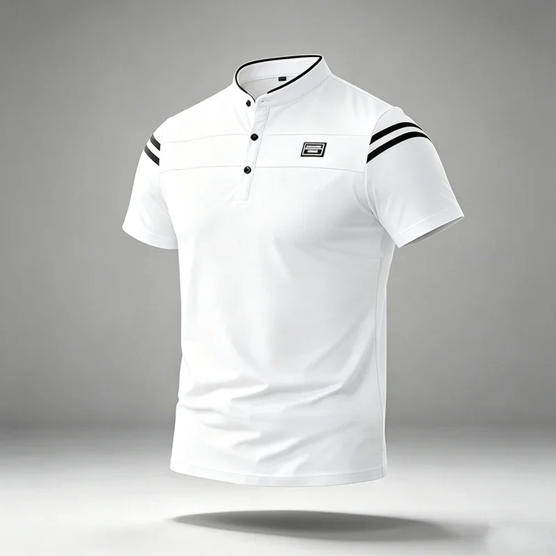 Mens Mandarin Collar Short Sleeve Polo Tee Neckline Chest Patch Logo Dual Soft Wrinkle Resistant Versatile Summer Office Blouse