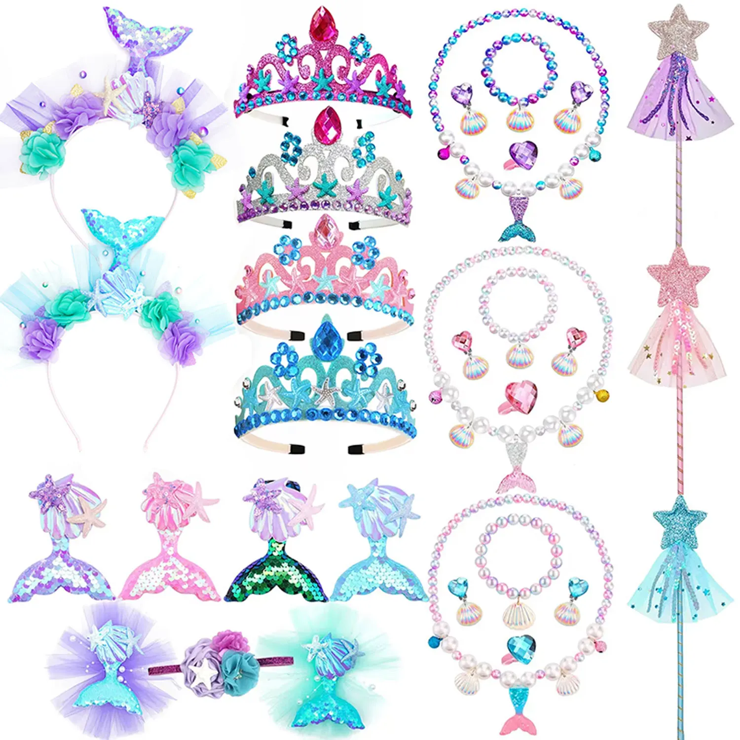 2026 Girls Mermaid Tiara And Wand Set With Starfish Shell Glitter Crown Necklace Wig Hair Clip Kids Ocean Theme Party Dress Up