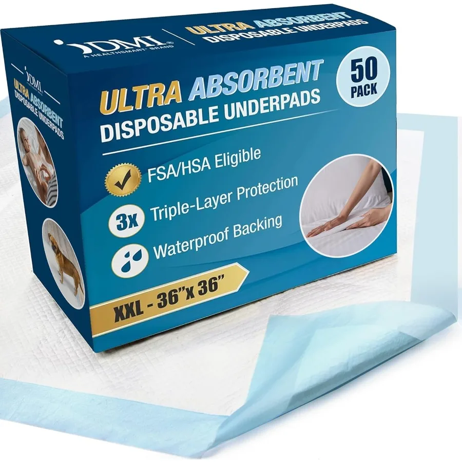 

DMI Extra Large 36x36 Incontinence Bed Pads FSA HSA 50 Pack Absorbent Chucks Pads Disposable Adult Bed Pads Disposable Adult Ch