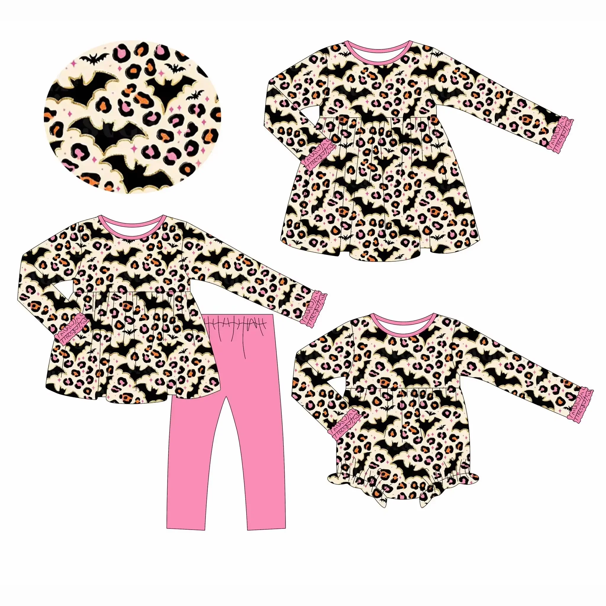 

Halloween boutique children's clothing long-sleeved lace bat leopard print girl set jumpsuit dress 3-piece set