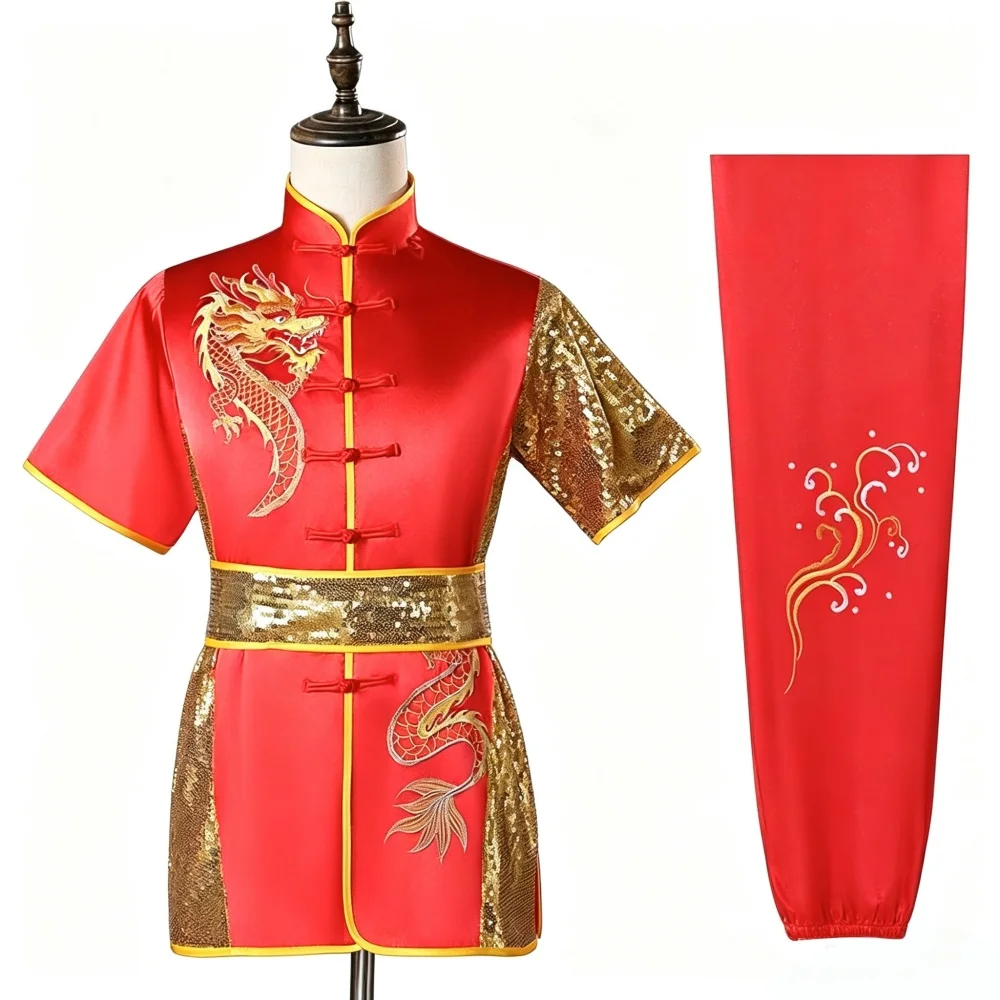 Children Martial Arts Performance Suit Sequin Patchwork Dragon Embroidery Kung Fu Uniform Chinese Wushu Competition Outfit