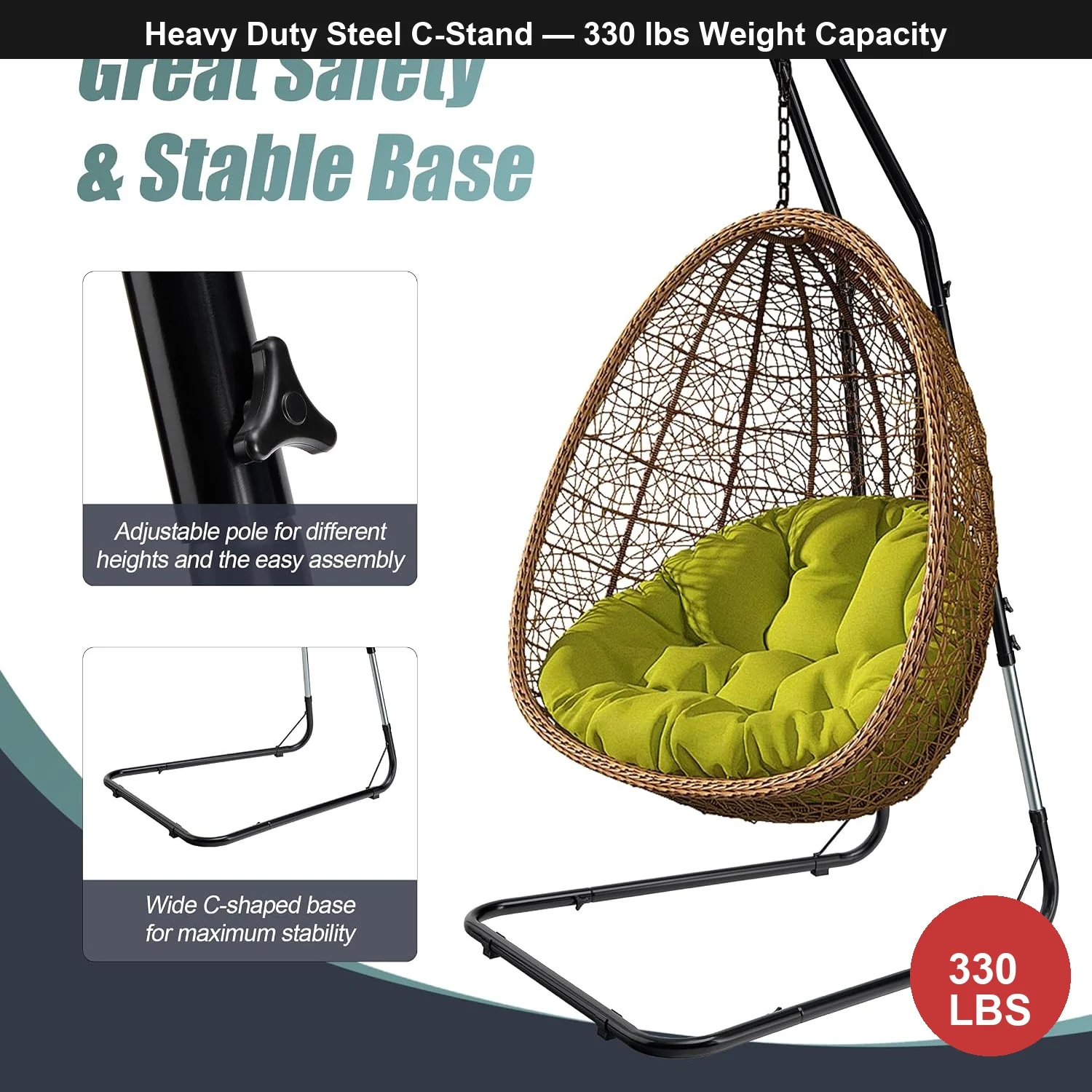 Durable Hammock Chair Stand Heavy Duty Steel C-Type, Adjustable Hanging Chair Stand 330lbs for Egg Chair Swing Indoor Outdoor Pa image 4