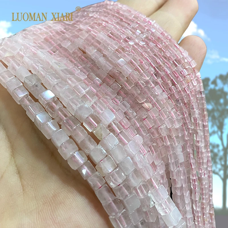 2 3 4MM Square Shape Natural Stone Rose Quartz Loose Cube Spacer Beads for Jewelry Making DIY Bracelet Accessories Charms 15''