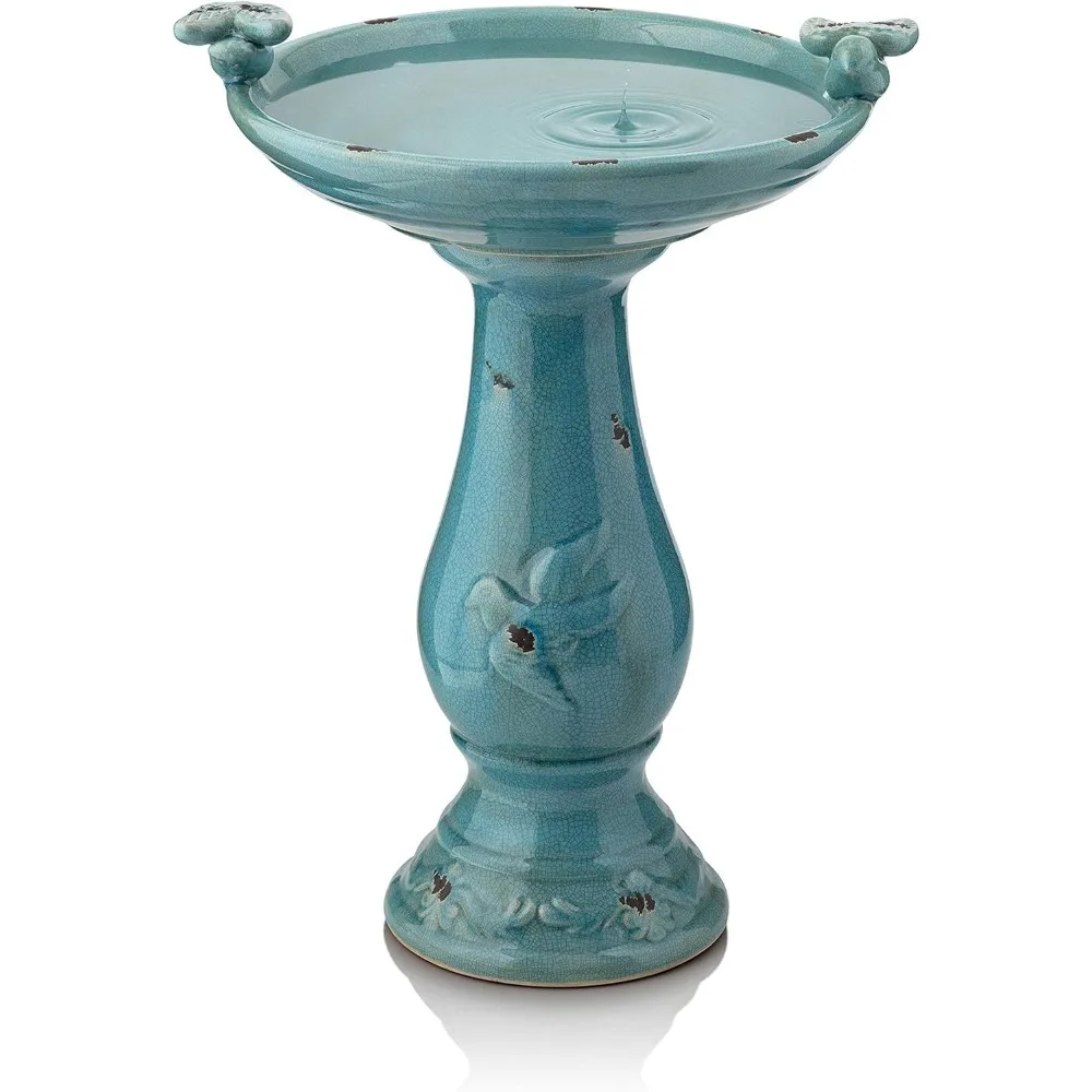 

25" Tall Outdoor Ceramic Antique Pedestal Birdbath with 2 Bird Figurines, Turquoise