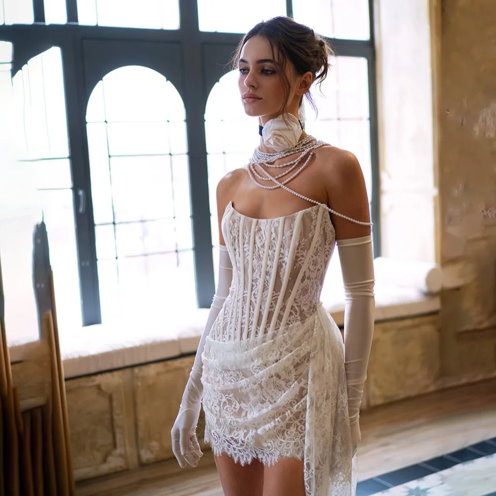 فساتين حفلات الزفاف الأنيقة للنساء بدون حمالات من الدانتيل فساتين سهرة طويلة مطوي على شكل حرف A فستان رسمي للحفلات الراقصة 2025 مخصص