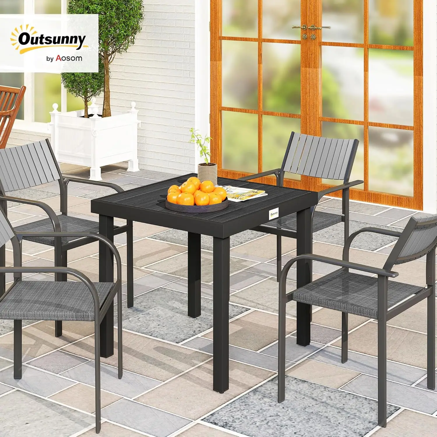 #Square Dining Table for 4 Outdoor Patio Garden Aluminum Legs Woodgrain Black, Customized