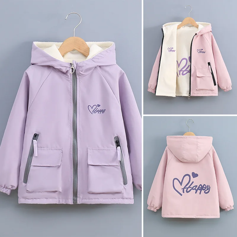 

Подростковая флисовая двусторонняя куртка для девочек, осень 2026, с буквенным принтом, свободная, с капюшоном, теплая ветровка, верхняя одежда для детей на улицу