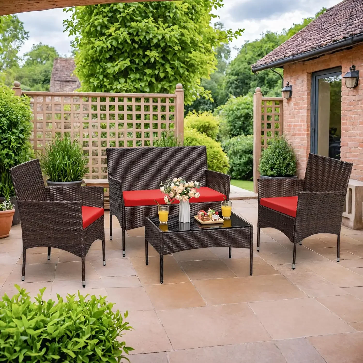 Outdoor-Sofa-Set von 4 mit weichem Kissen und Glas tisch, Terrassen möbel 4-teiliges Gesprächs set, Outdoor-Korb-Rattan stühle