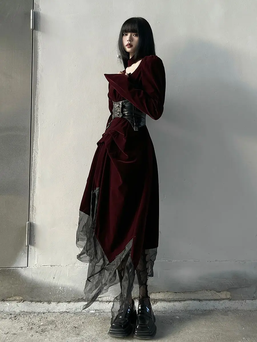 Dark Gothic Retro Long Sleeve Wine Red Dress Female Halloween Costume Elegant Temperament Irregular Hemline