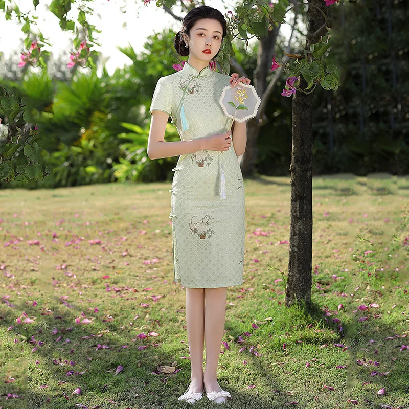 

Summer Short Sleeve Lace Lady Party Dress Embroidery Womne Elegant Qipao Female Chinese Traditional Retro Cheongsam