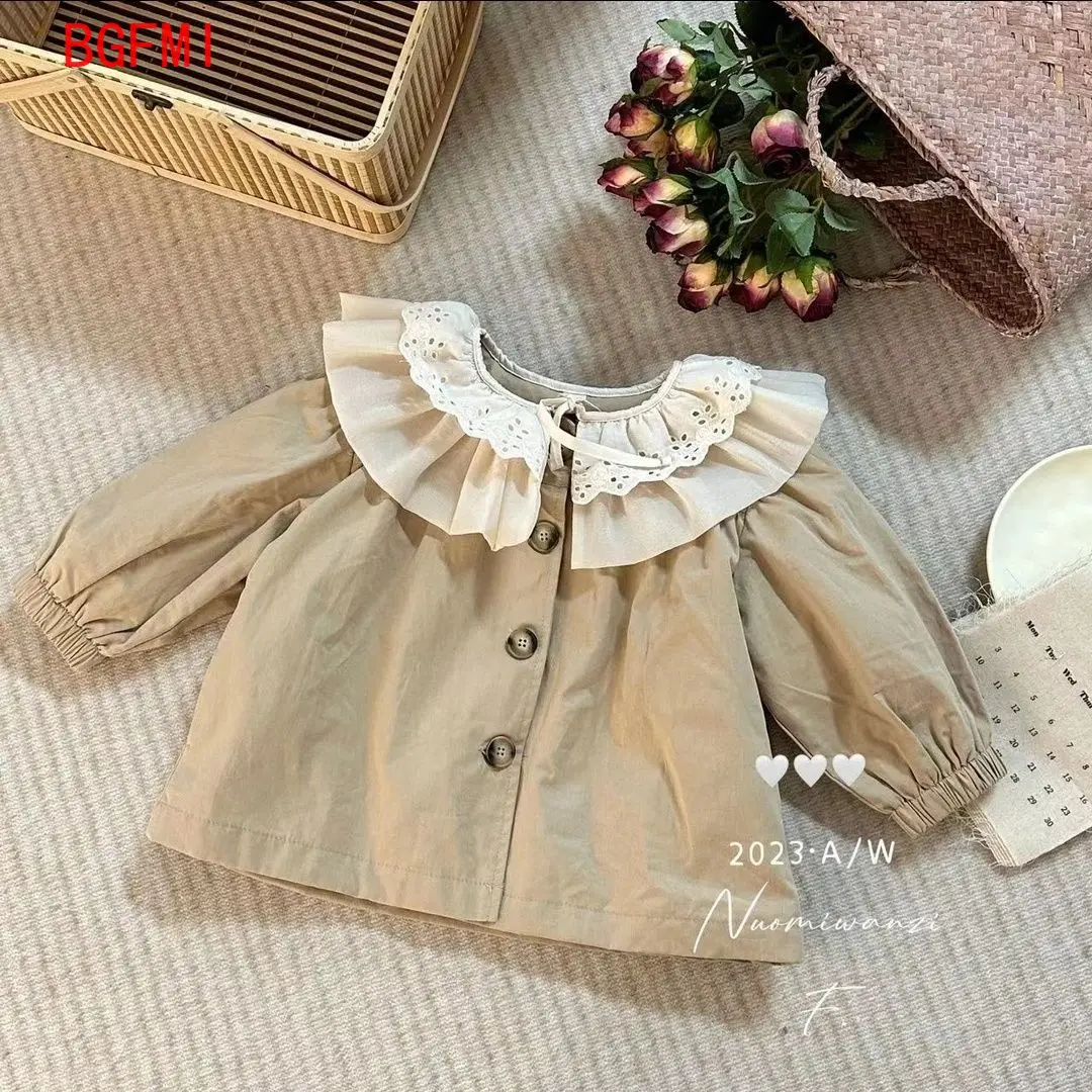 2-7 Yrs 2025 Spring Autumn Korean Version Toddler Girls Cotton Windbreaker Jacket New Children's Baby Doll Collar Fashion Trench