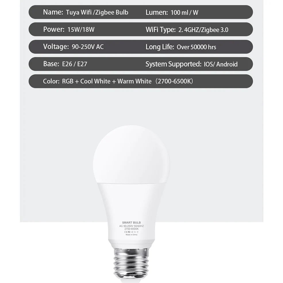 18W 15W Tuya Zigbee E27 Led Light Bulb WiFi Smart Led Lamp RGB+CW+WW Led Bulbs Work With Alexa Amazon / Google Assistant Home