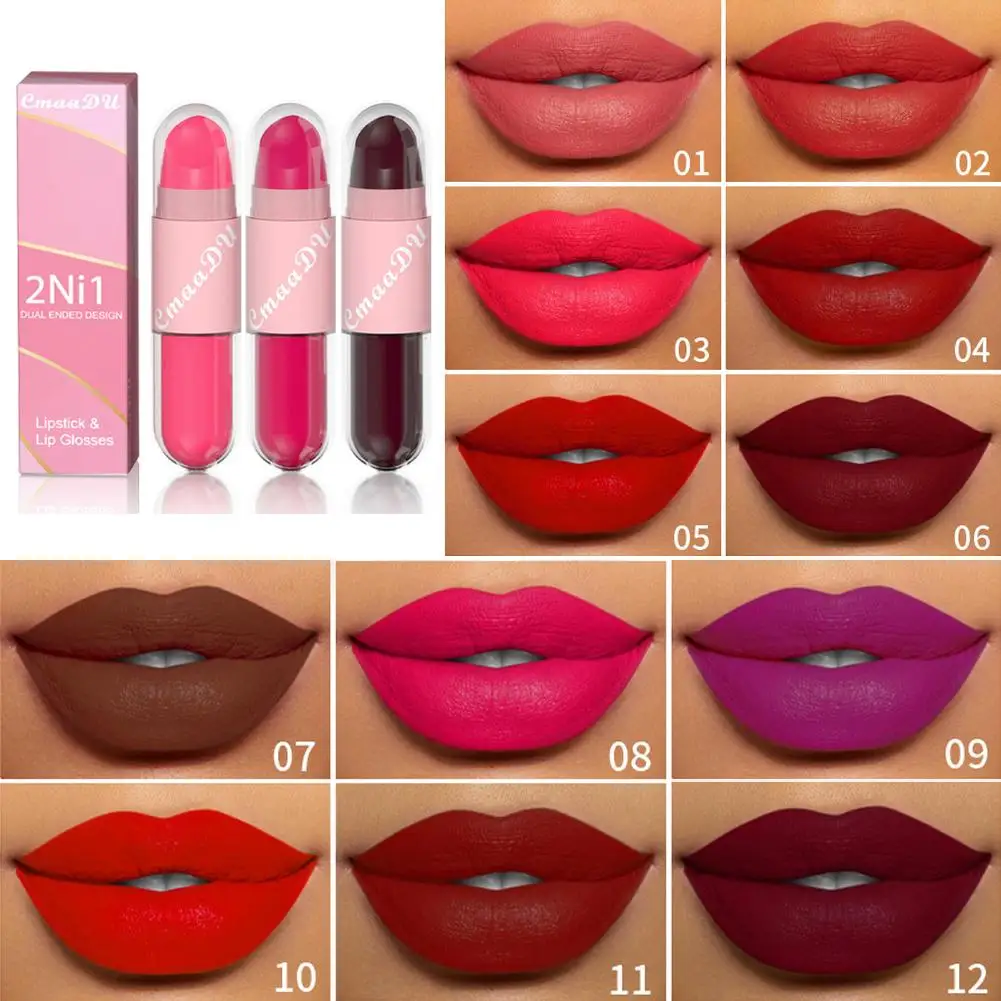 2 In 1 Matte Lippenstift Vloeibare Paarse Lip Glazuur Dubbele Kop Lip Make-Up Blijvende Waterdichte Fluwelen Sexy Donkerrode Lipsticks 12 Kleuren