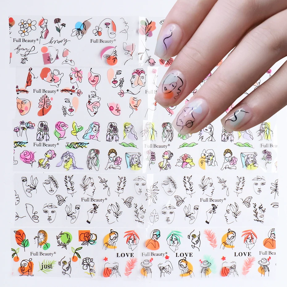 Nail Stickers Graffiti Face Abstract Figures Transfer Foils Geometry Lines Floral Nails Art Manicure Decals on Finger BEFB2021-1