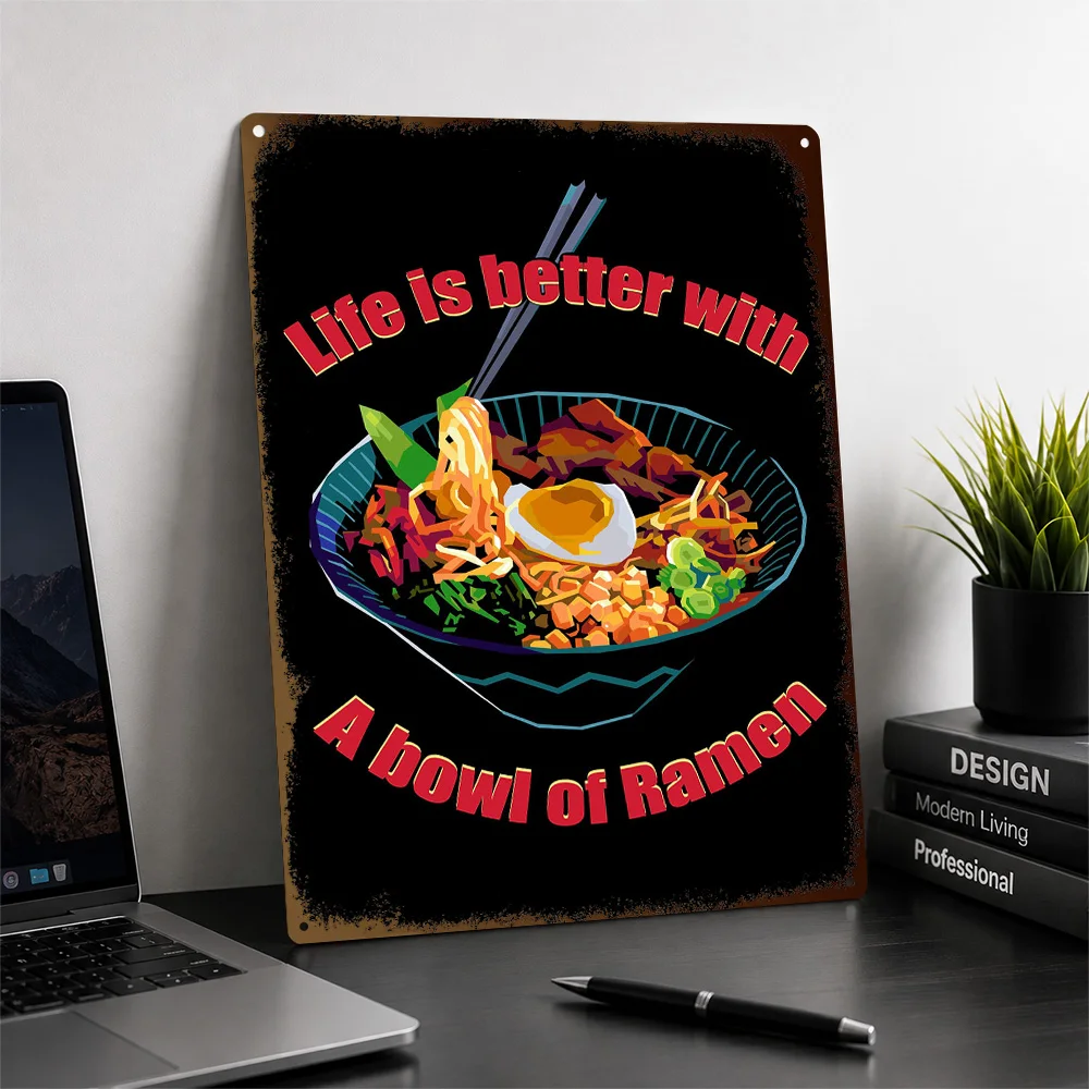 Life Is Better With Ramen Bowl Printed Poster Graphic Wall Art For Dining Room Customized Aluminum Metal Sign Housewarming Gift