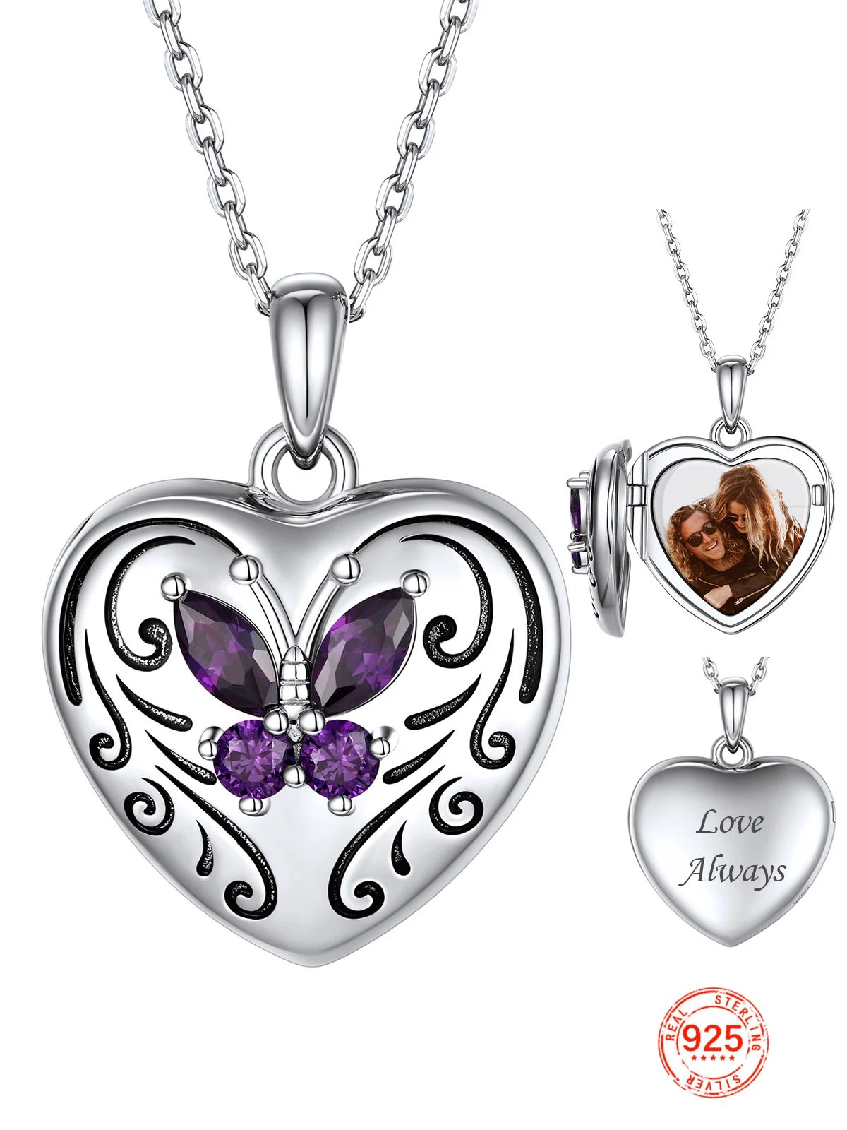 U7 925 Silver Heart Locket Necklace for Women Custom Purple CZ Green Butterfly Your Photo Memorial Pictures Personalized Jewelry