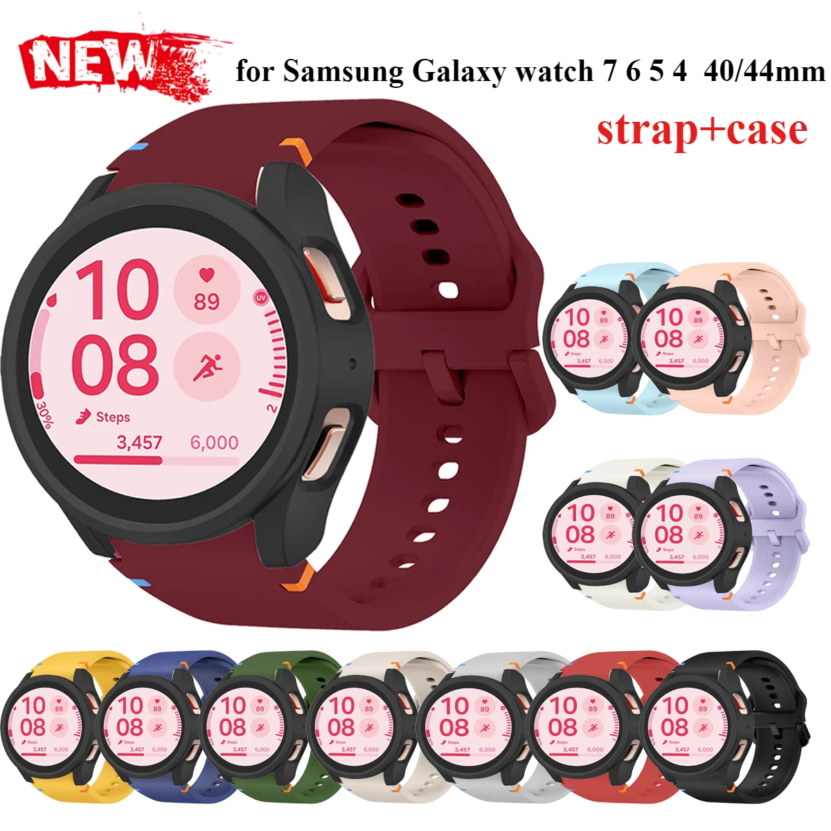 Silikonarmband + Hülle für Samsung Galaxy Watch 7 6 5 4 40 44 2er-Pack PC-Silikonarmband und PC-Hohlhülle Sportarmband-Zubehör