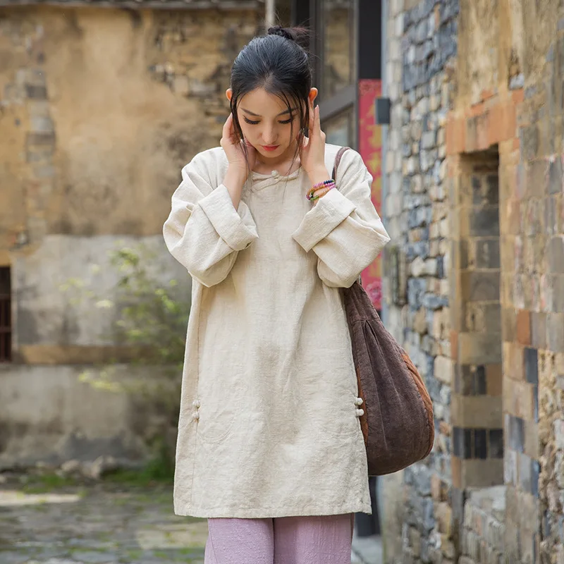 

Cotton Linen Women's New Ramie Fried Color Tops Improved Large Size Tea Clothes Personalized Literary Fan Women Long T-shirt