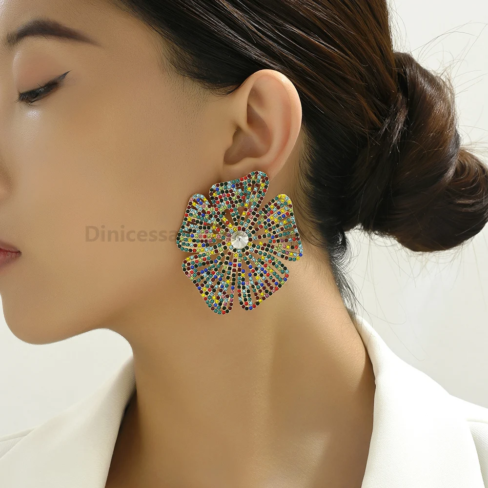 Luxury Design Flower Full Shiny Rhinestone Glamorou Decor Original Bride Wedding Party Jewelry Trend Big Stud Earrings For Women