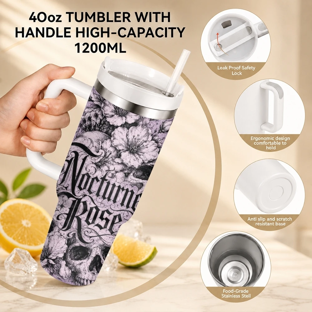 Skeleton Garden Vacuum Flasks 40oz Stainless Steel Travel Tumbler with Handle Straw Lid Double Wall Vacuum Insulated