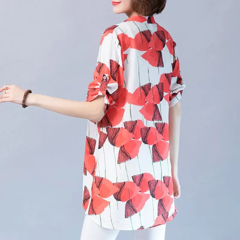 オフィスカジュアル V ネックボタンミディブラウス韓国ルース春夏スタイリッシュな花柄プリント女性服 3/4 スリーブシャツ JJ96
