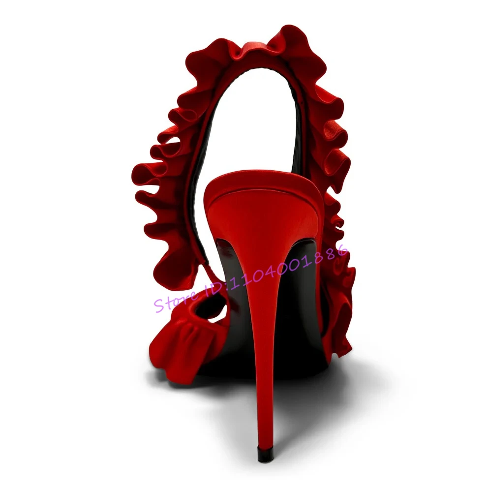Multicolor Pleated Satin Sandals Ruffle Open Toe High Heels Sexy Back Strap Stiletto Slippers Elegant Lady Banquet Party Shoes