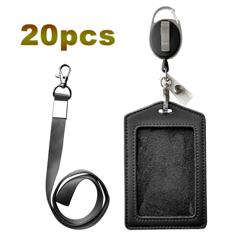 

20 шт. чехол для удостоверения личности + сверхпрочный ремешок черного цвета + держатель бейджа, выдвижной карабин на катушке и пластиковый зажим из натуральной кожи